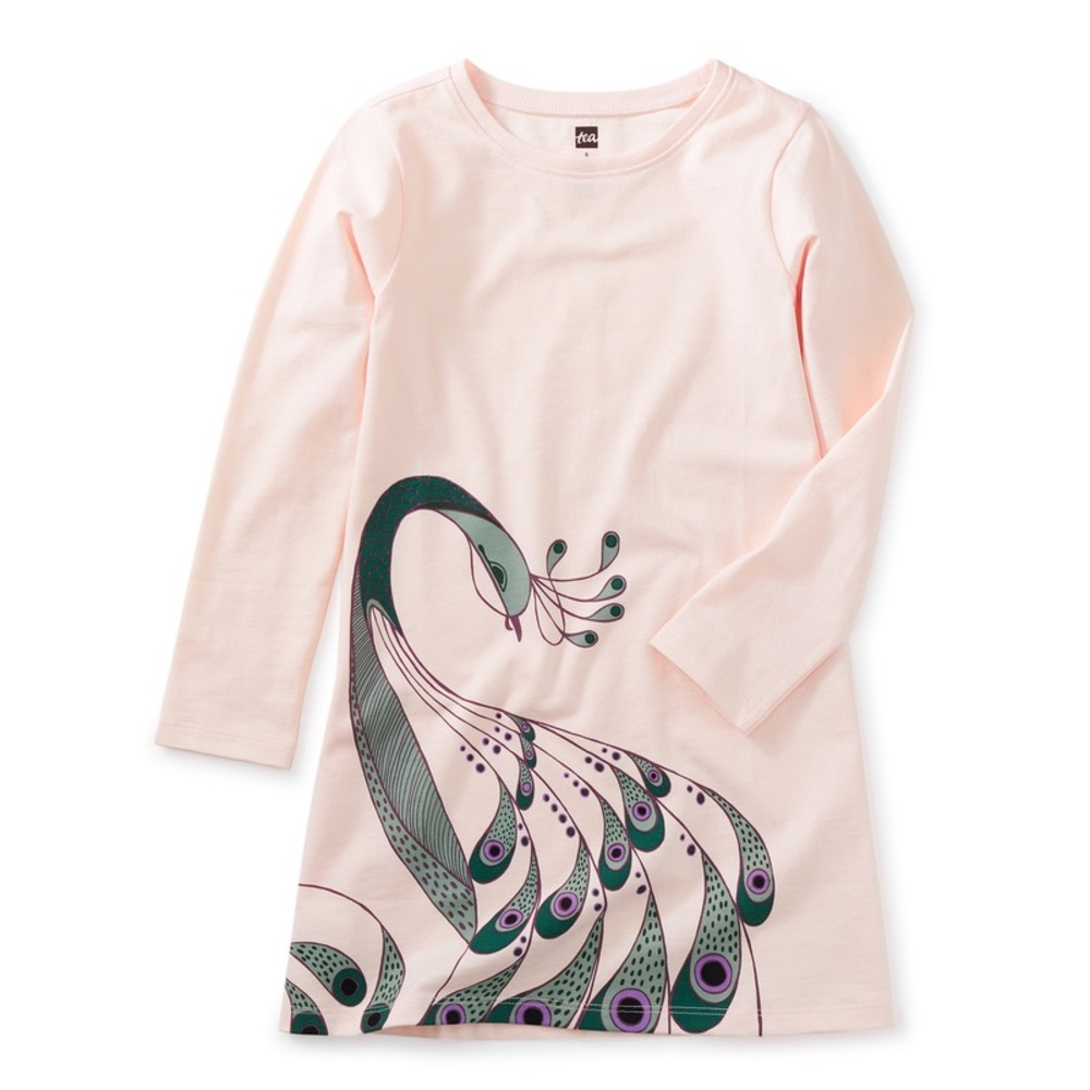 TEA Collection, 100% cotton jersey pink Peacock dress, girls size 8, Like New!